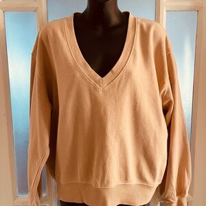 Chaser V-Neck Sweatshirt in Soft Beige. 100% cotton fits oversized.